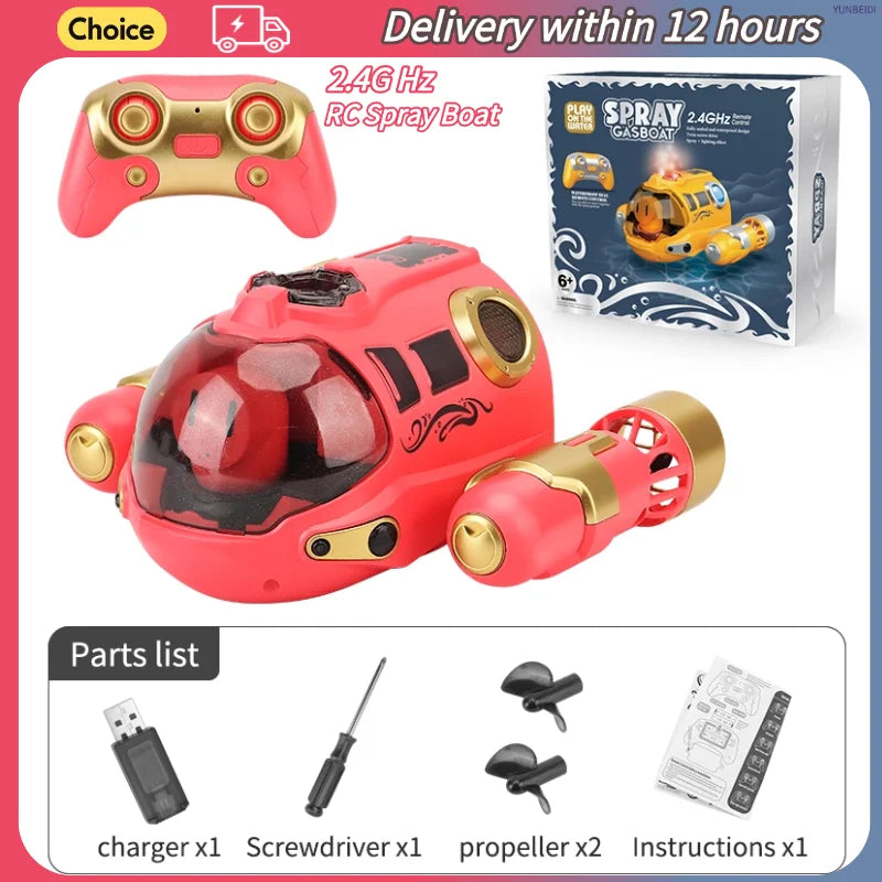 A red remote control spray boat toy with parts including a charger, screwdriver, propeller, and instructions.