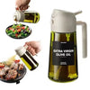 A clear glass olive oil dispenser bottle with a white pump and sprayer is shown next to a hand pouring olive oil.