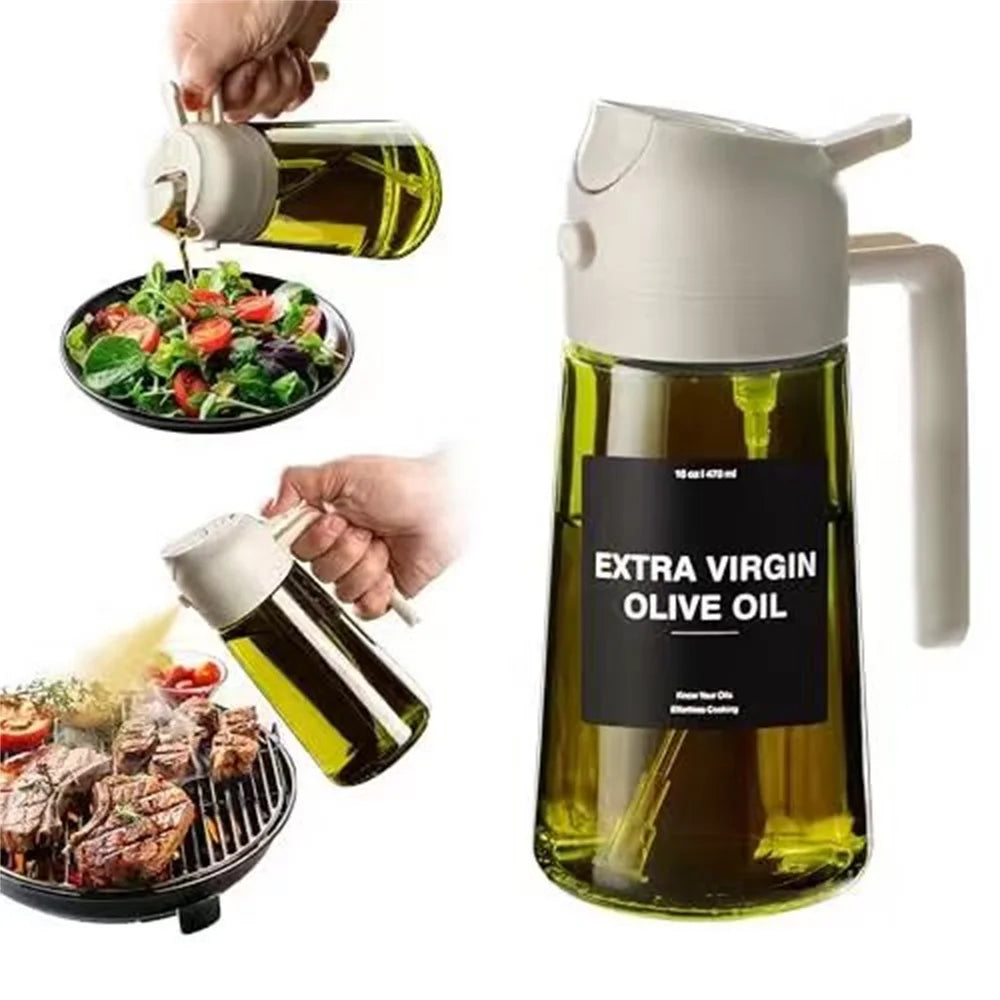 A clear glass olive oil dispenser bottle with a white pump and sprayer is shown next to a hand pouring olive oil.