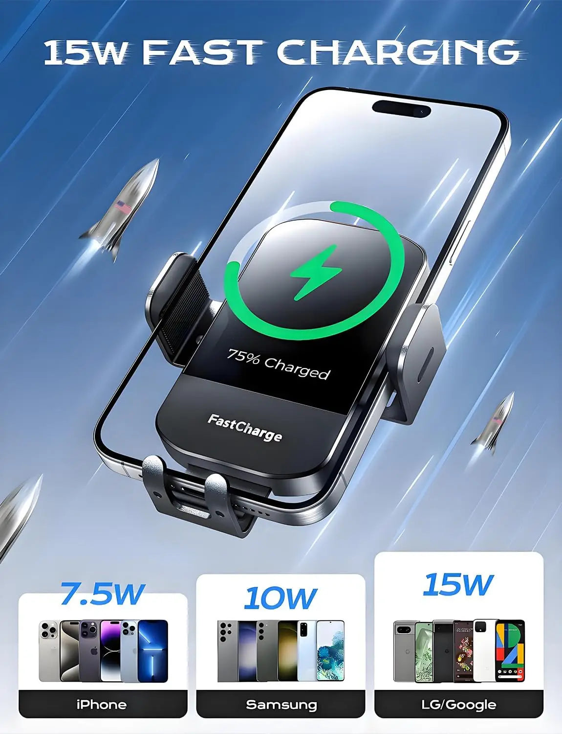 A smartphone is being fast charged by an auto-clamping wireless car charger with a suction mount.