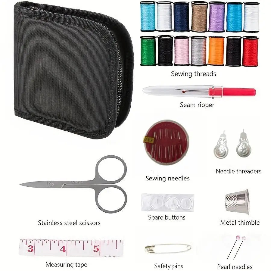A portable sewing kit showing various tools including a fabric pouch, sewing threads, a seam ripper, needles, buttons, scisso