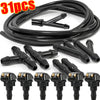 Black universal windshield washer hose connector kit with various nozzles and hoses