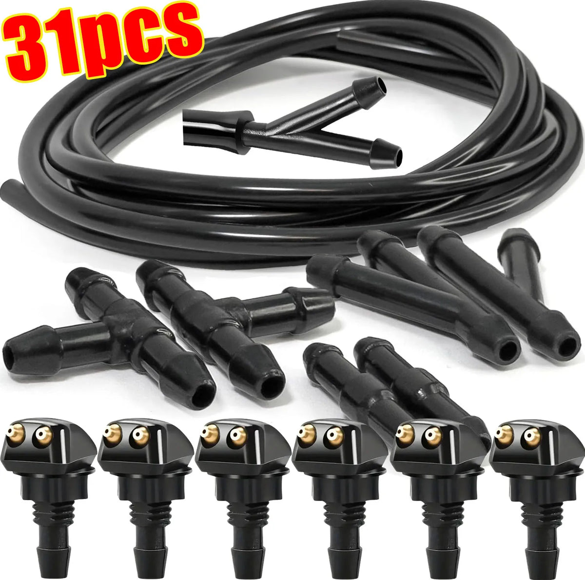 Black universal windshield washer hose connector kit with various nozzles and hoses