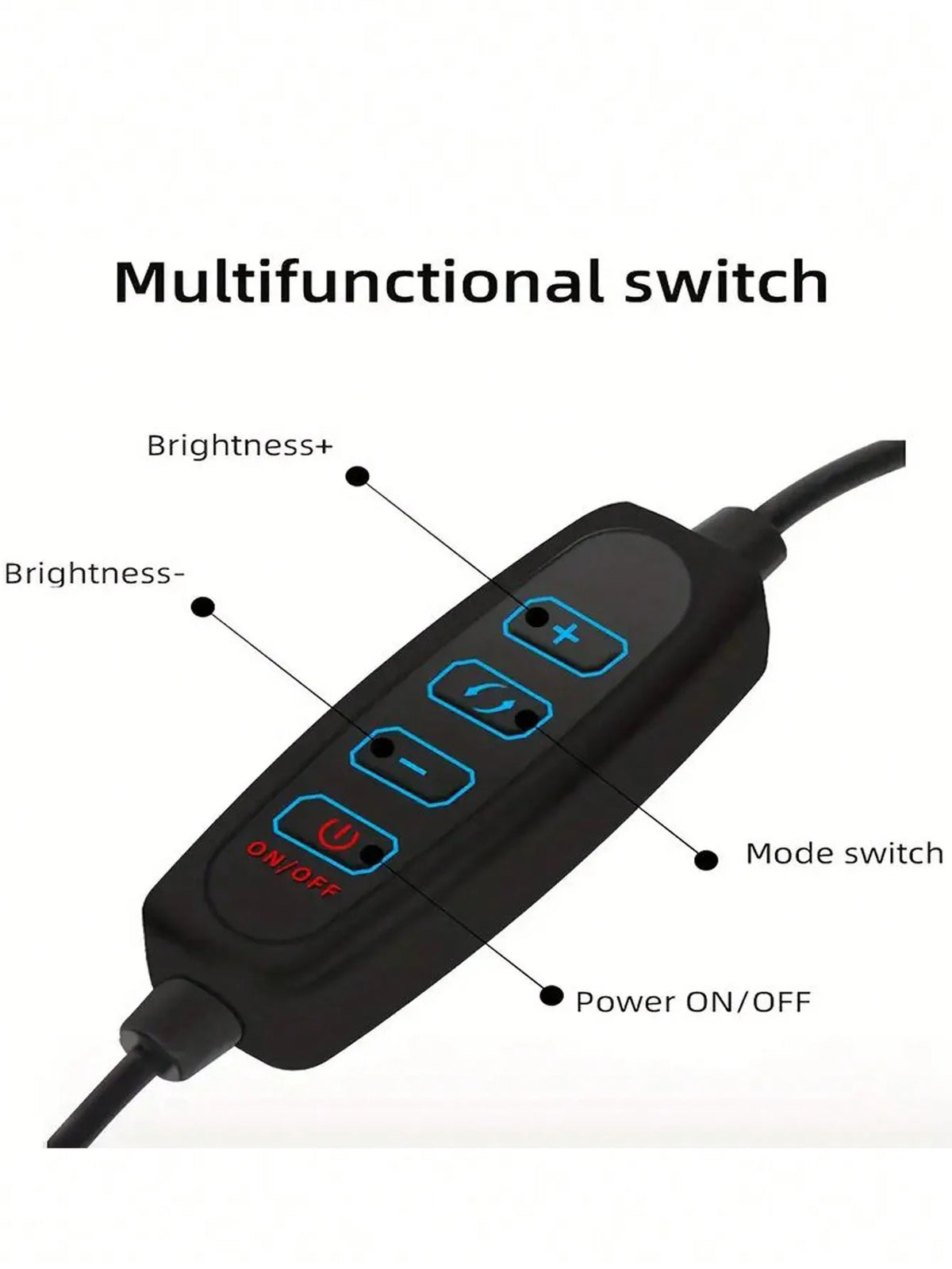 A black multifunctional switch device with ON/OFF and brightness settings is shown.