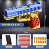 A yellow and blue building block toy pistol with a red grip and an ejecting shell mechanism, shown against a dark background.