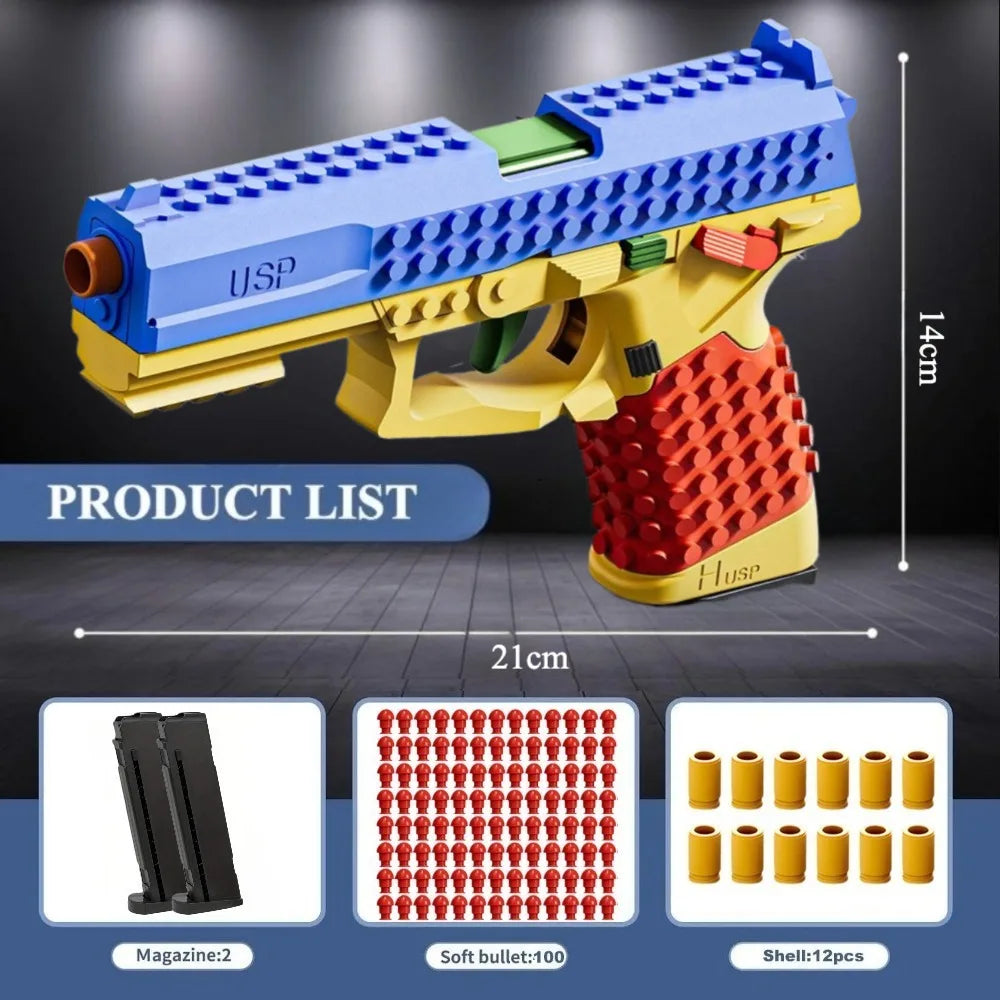 A yellow and blue building block toy pistol with a red grip and an ejecting shell mechanism, shown against a dark background.