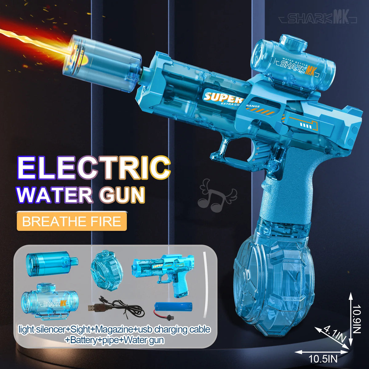 Blaue elektrische Wasserpistole mit Flammen-Effekt und Zubehör vor dunklem Hintergrund.