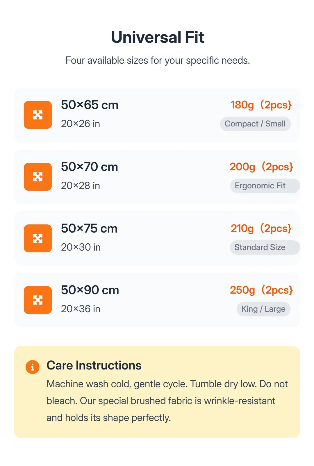 A list of four available sizes for a Universal Fit pillow cover set with corresponding weights and fit descriptions.