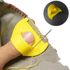 A hand is using a yellow adjustable stitch tool to sew fabric, with an inset showing the tool's tip.