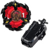A black Beyblade launcher featuring a red and gold Phoenix Wing and Drumsword spinning top.