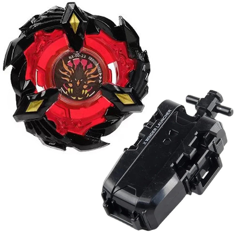 A black Beyblade launcher featuring a red and gold Phoenix Wing and Drumsword spinning top.