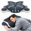 A dark blue ergonomic memory foam pillow with an ice silk cover is shown being used for neck pain relief.