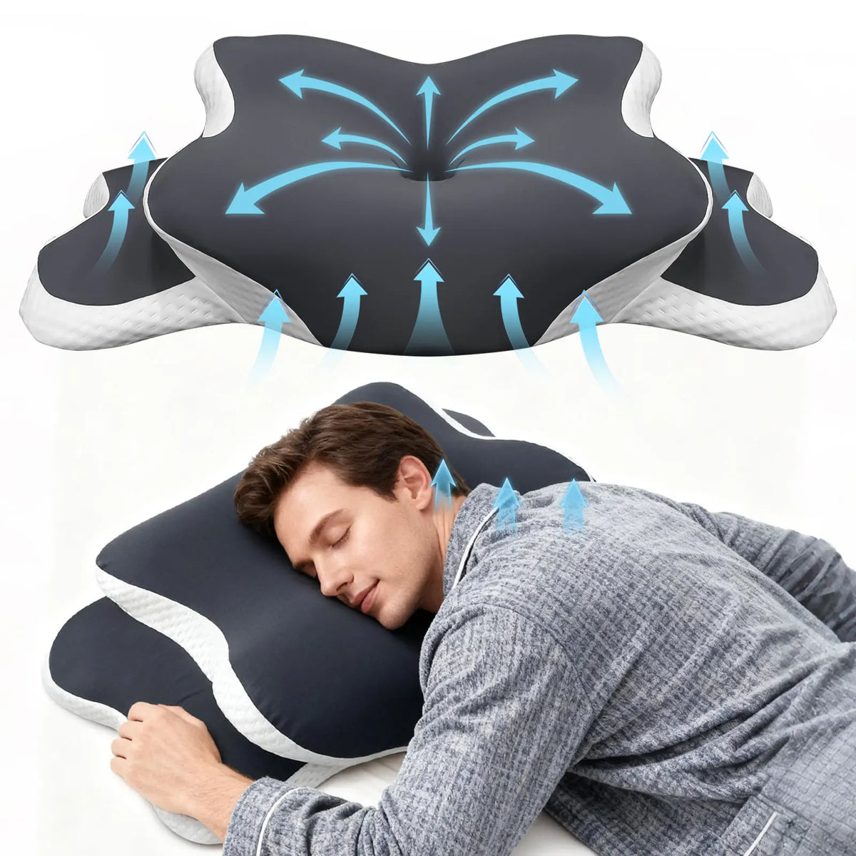 A dark blue ergonomic memory foam pillow with an ice silk cover is shown being used for neck pain relief.
