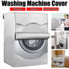 A silver washing machine cover with a roll edge design shown in various views.
