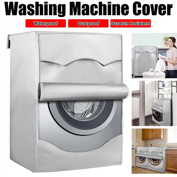 A silver washing machine cover with a roll edge design shown in various views.