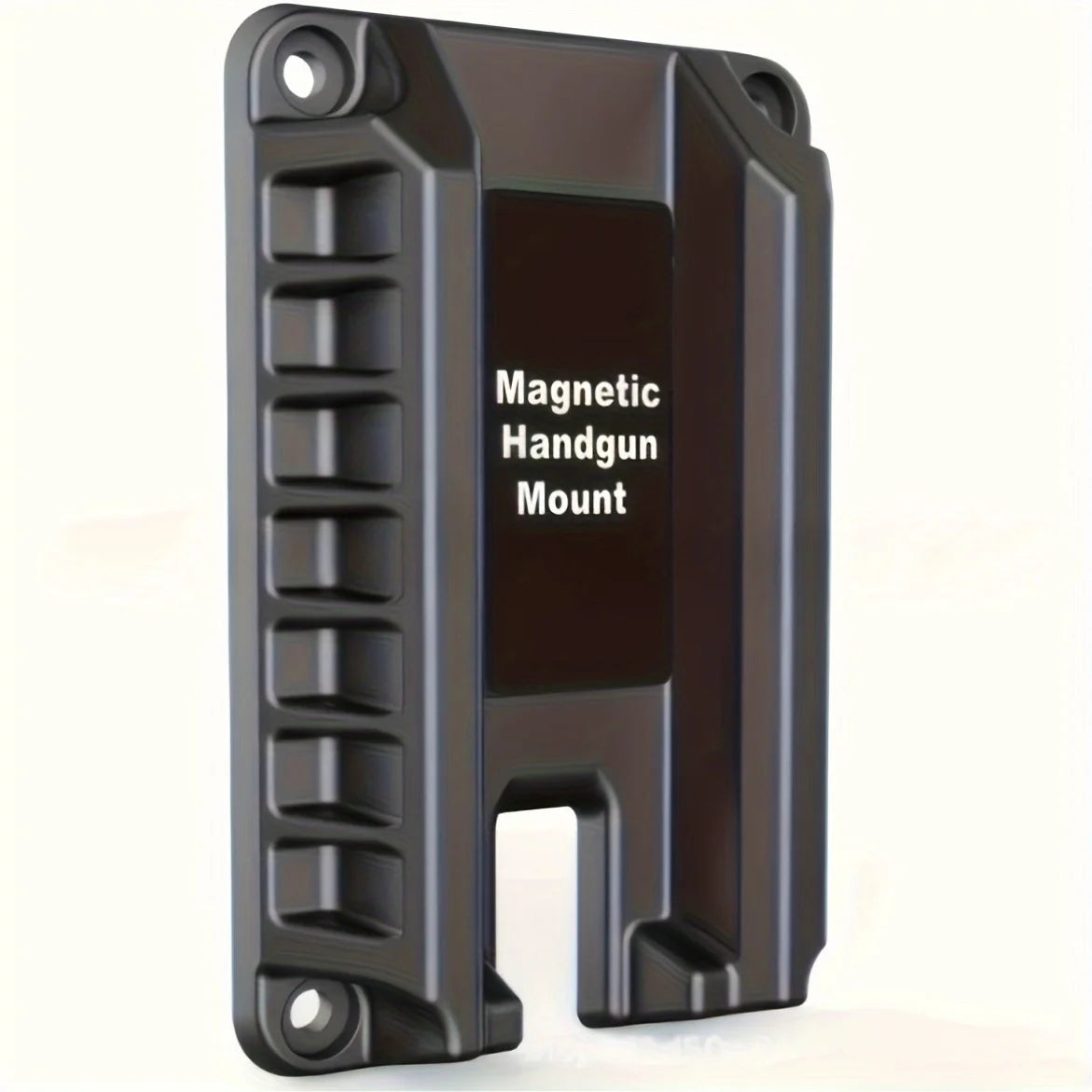 A black magnetic handgun mount designed for quick attachment to vehicles or homes.