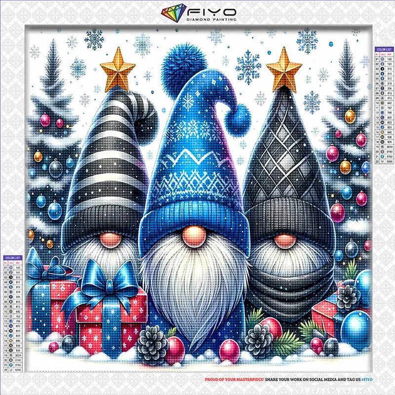 Kit de peinture de diamants avec un gnome mosaïque à thème de Noël bleu et blanc avec cadeaux et décorations festives