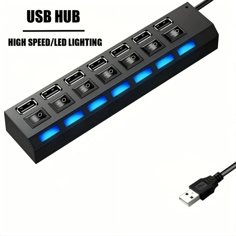 7-Port USB 2.0 Hub with Power Adapter and On/Off Switches