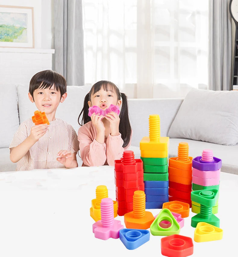 A collection of colorful screw and nut building blocks, including orange, pink, green, yellow, and red pieces.