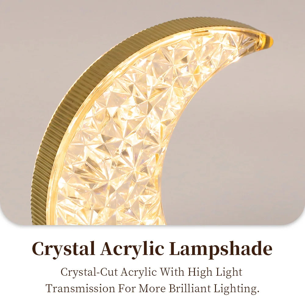 A close-up of a crystal acrylic lampshade with a gold rim and faceted light diffusing through.