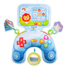 A blue high contrast tummy time pillow with colorful characters and a mirror for babies.