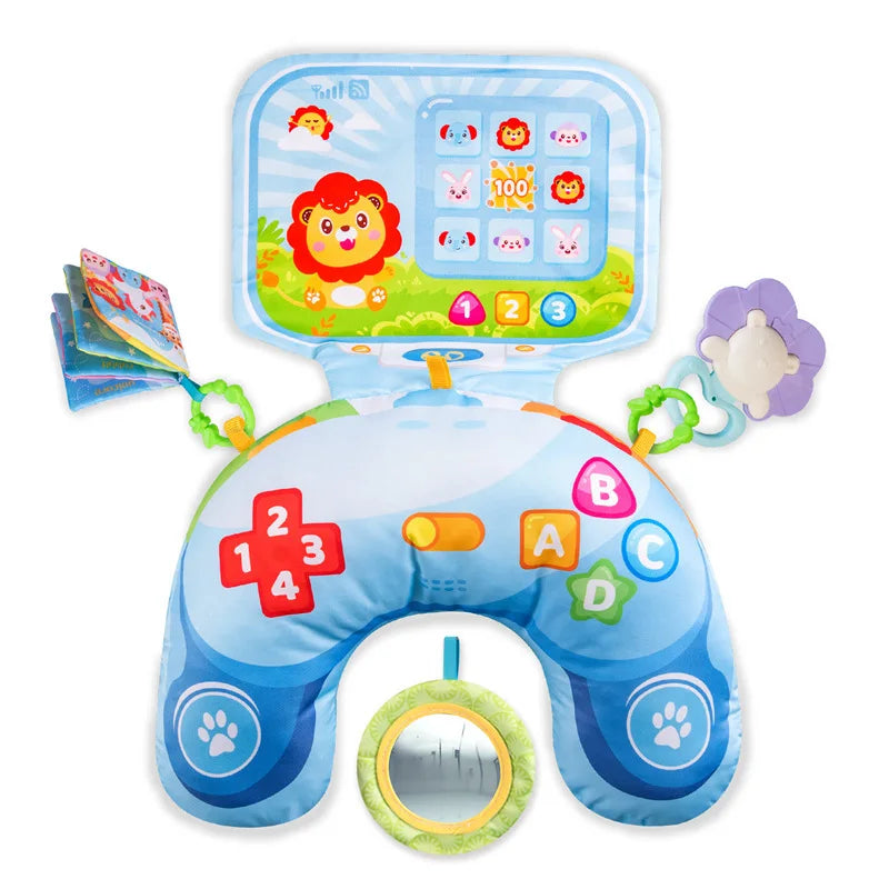 A blue high contrast tummy time pillow with colorful characters and a mirror for babies.