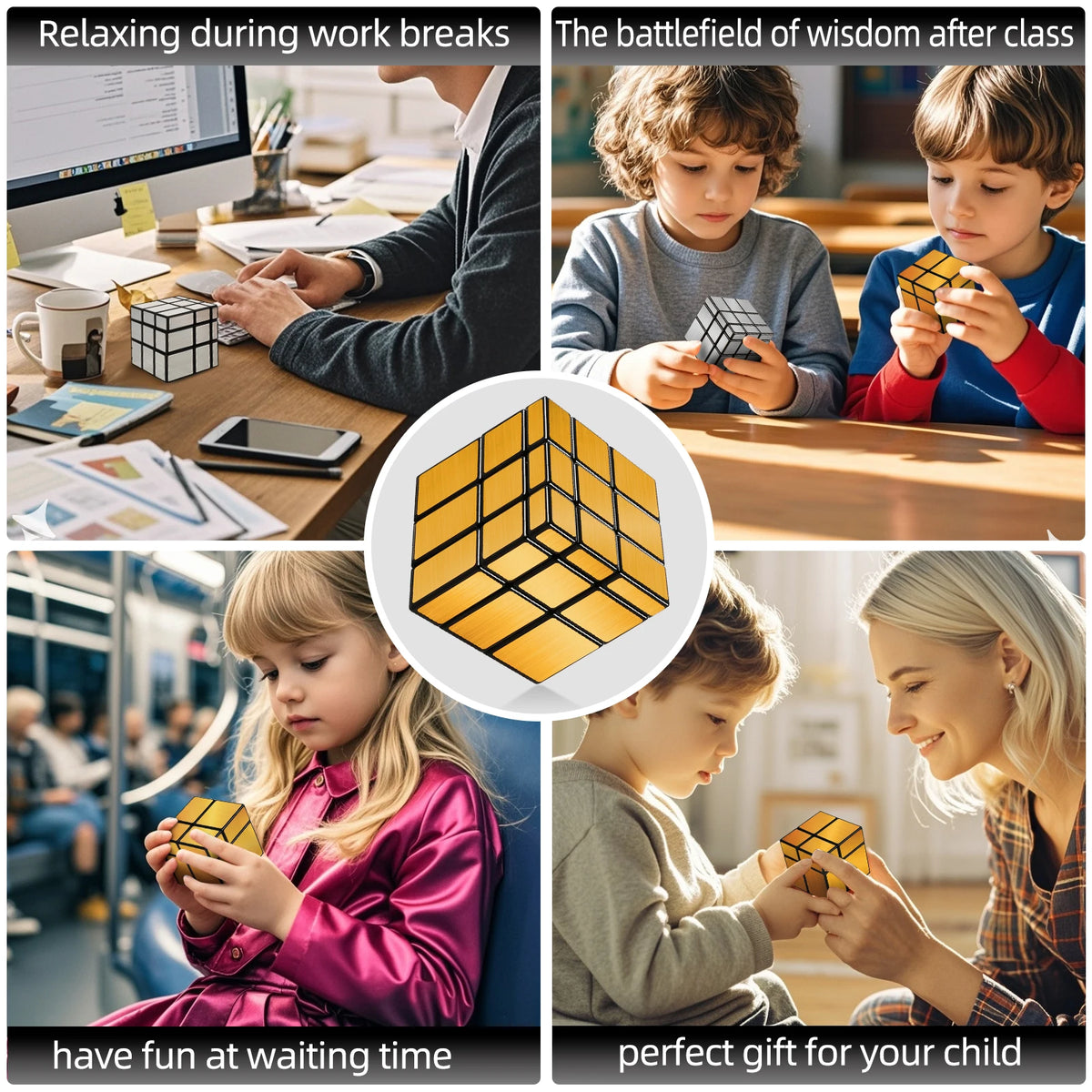 Children engaging in activities with the Mirror Cube Puzzle Set including relaxing during work breaks and receiving a perfect