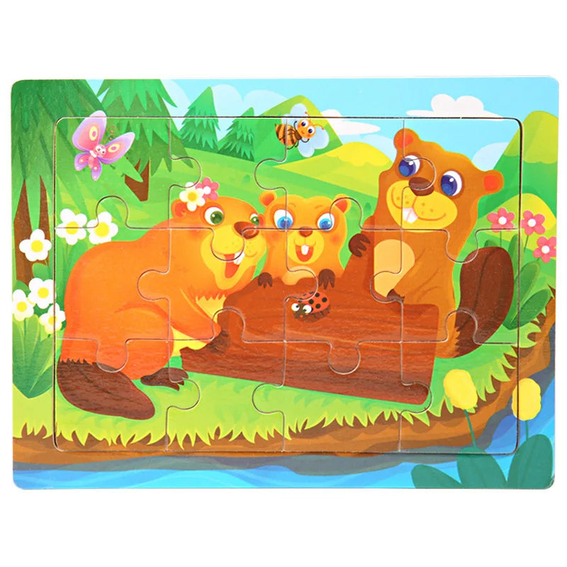 A wooden jigsaw puzzle featuring three orange and yellow cartoon animals in a green outdoor setting.