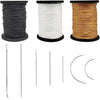 A set of professional leather sewing kit components including spools of waxed thread and various needles.