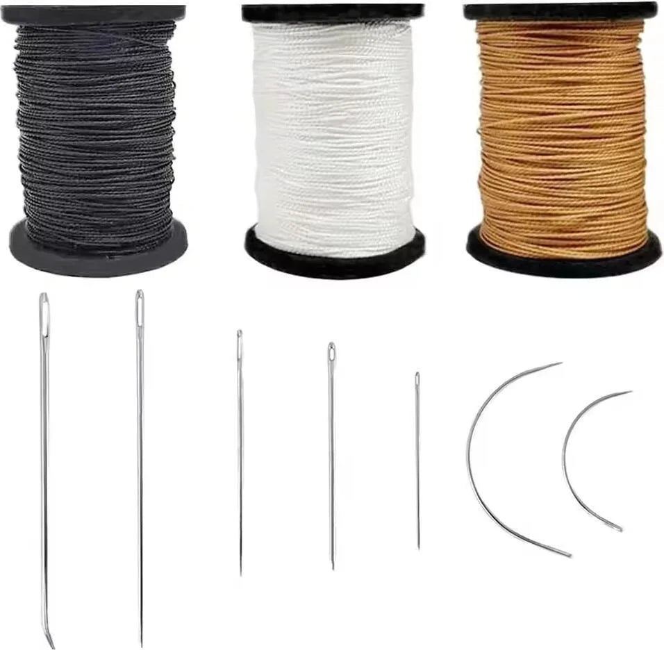 A set of professional leather sewing kit components including spools of waxed thread and various needles.