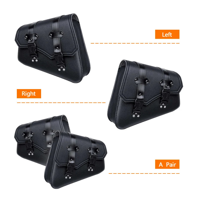 A pair of black PU leather motorcycle side saddlebags shown from the left and right angles.