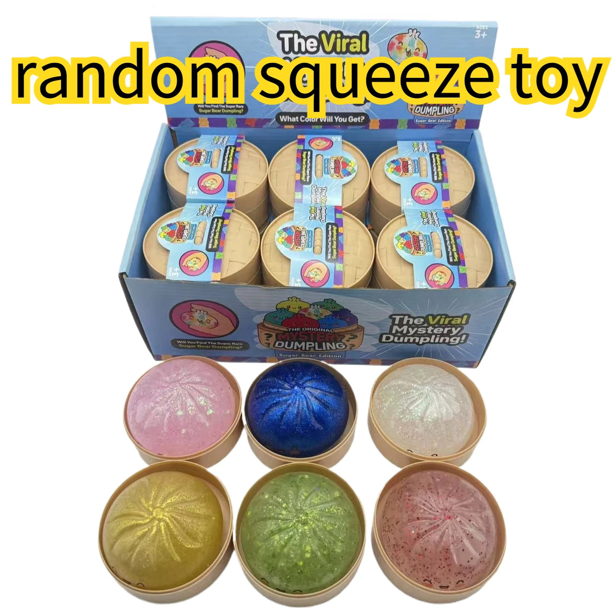 A box of The Viral random squeeze toy dumpling squishy blind box with various colored squishies inside.