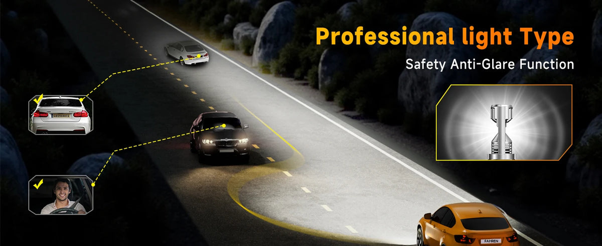 A professional light type safety anti-glare function demonstration showing a car driving on a road with bright headlights.