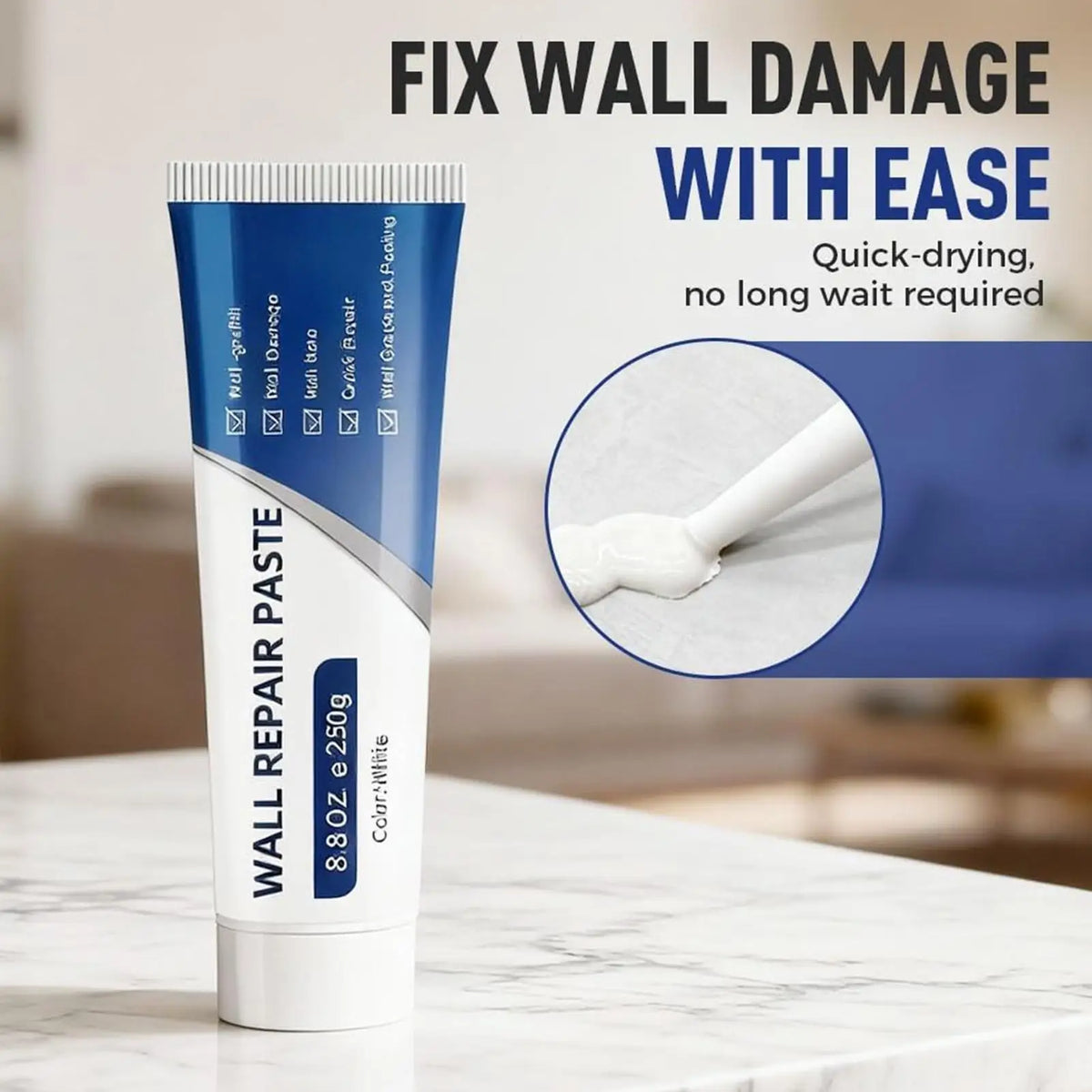 A tube of Wall Repair Paste for holes, cracks, and graffiti is shown on a white marble surface.