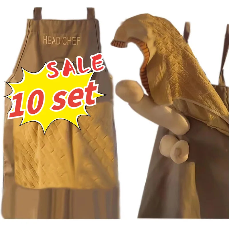 A yellow chef apron with a quilted texture is shown next to a sculpted figure of a chef's head.