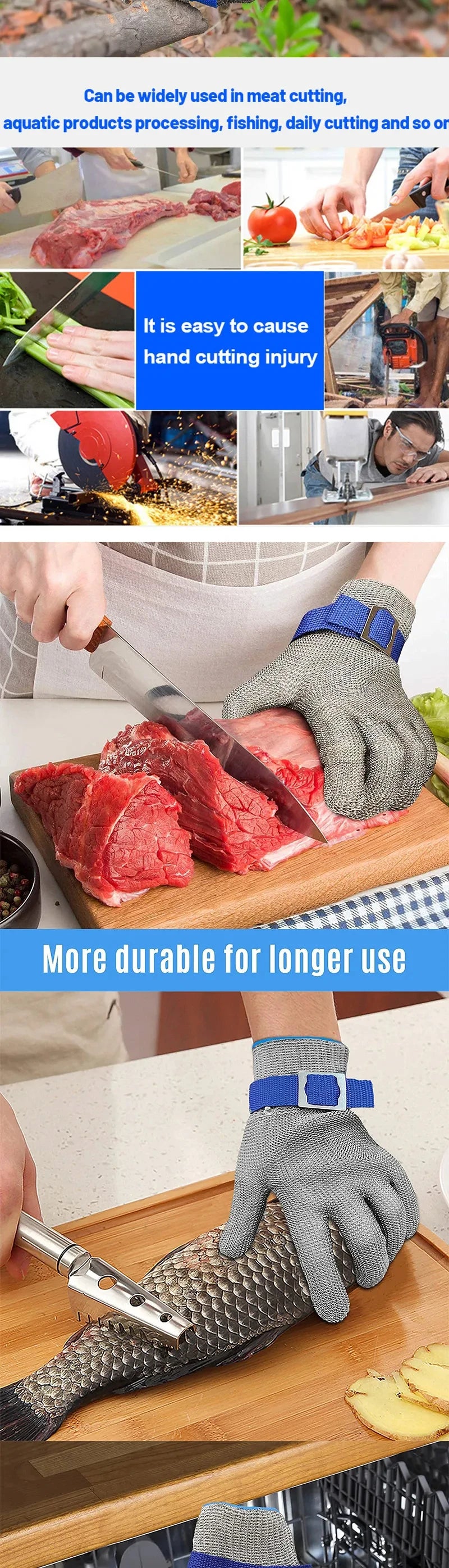 A hand wearing a stainless steel cut-resistant safety glove is holding a piece of fish on a wooden cutting board.