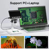 A digital microscope is shown supporting a laptop, with an inset photo of a bee and a flower.