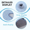 Detailed display of a light blue water-absorbent stroller and car seat protector cushion with snap and back view.