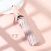 A pink automatic foldable umbrella with a silver handle and protective sleeve is shown against a light background.
