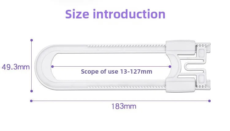 Diagram showing the size introduction of an adjustable U-shaped cabinet lock, with a scope of use from 13 to 127 mm and a tot