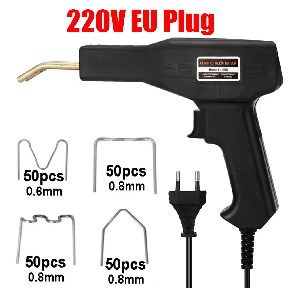 A black plastic welding gun with a gold tip and various sizes of metal staples for repairs