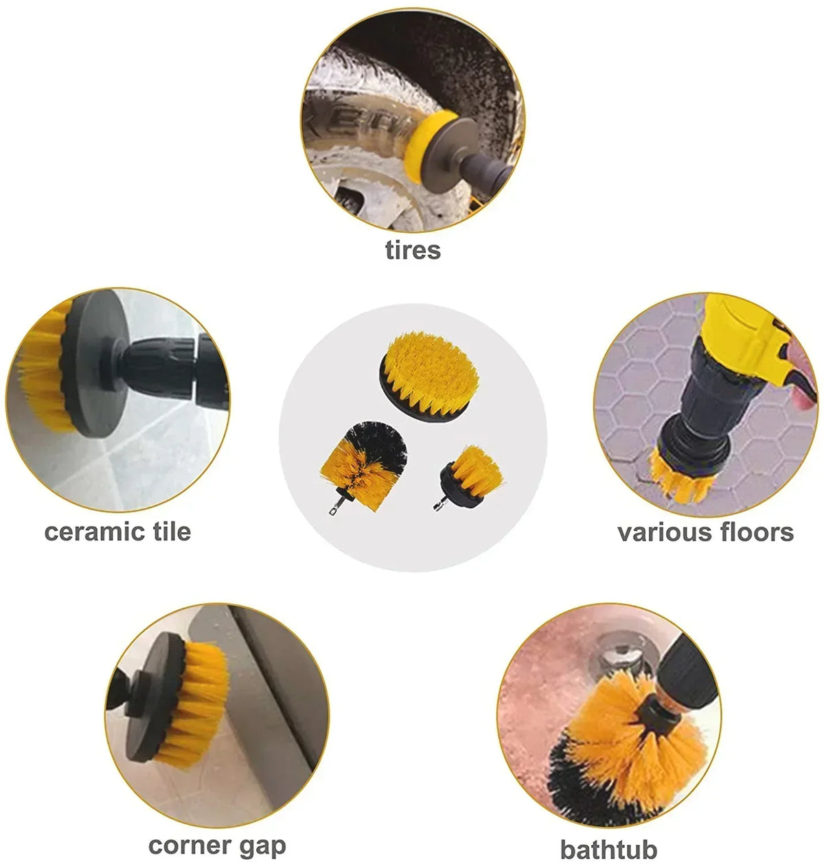 A set of cleaning brushes including tire brush, ceramic tile brush, various floor brushes, corner gap brush, and bathtub brus