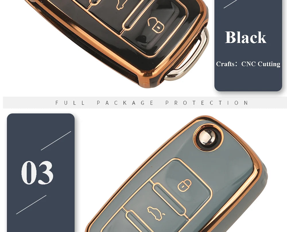 A close-up view of a black TPU silicone car key case with gold accents, showing the key slot and a protective packaging label