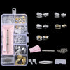 A clear plastic kit containing various tools and components for repairing glasses, including nose pads, screws, and precision