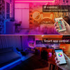 A person controls an IR remote and a smartphone to change the colors of an RGB LED light strip in a bedroom setting.