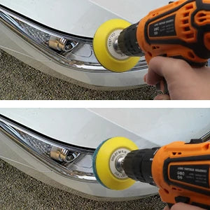 A hand uses an orange power tool to polish a car headlight assembly with a yellow sanding disc.