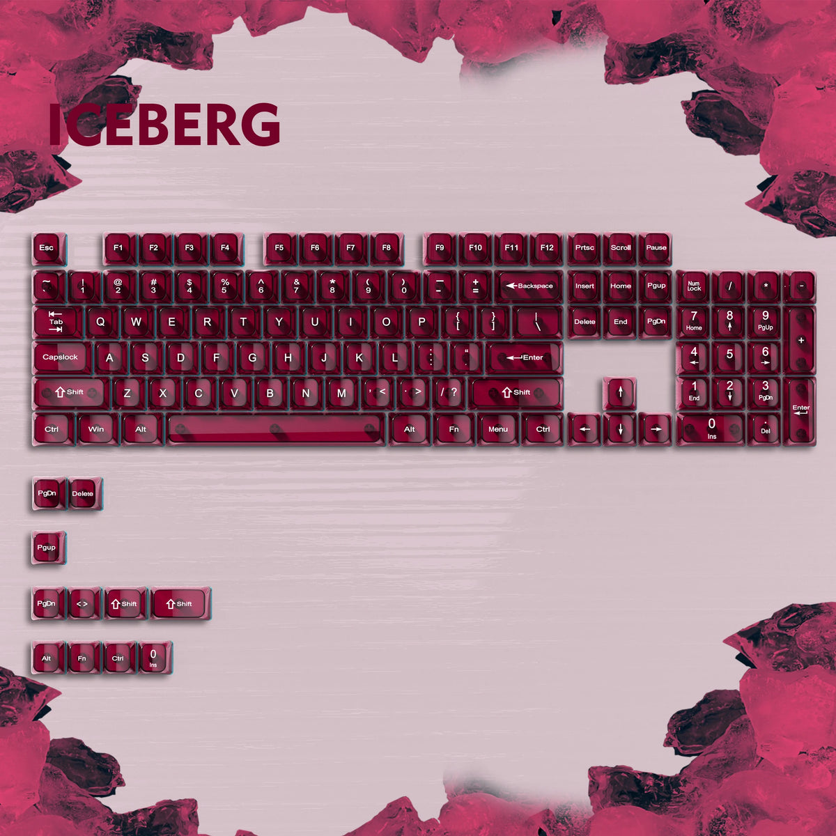 A close-up view of a red mechanical keyboard featuring an Iceberg theme and RGB lighting.