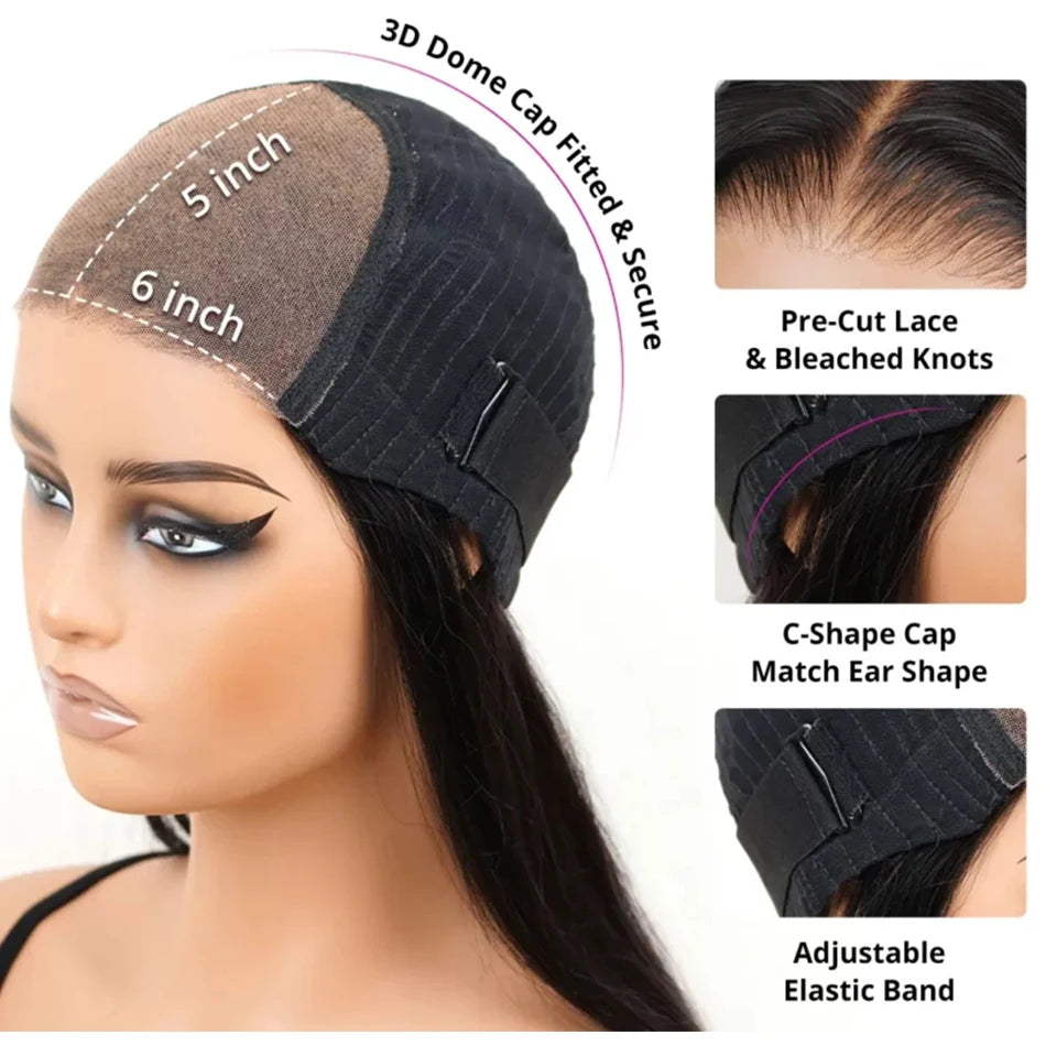 A close-up of a black lace wig cap showing measurements and features like pre-cut lace, bleached knots, and an adjustable ela