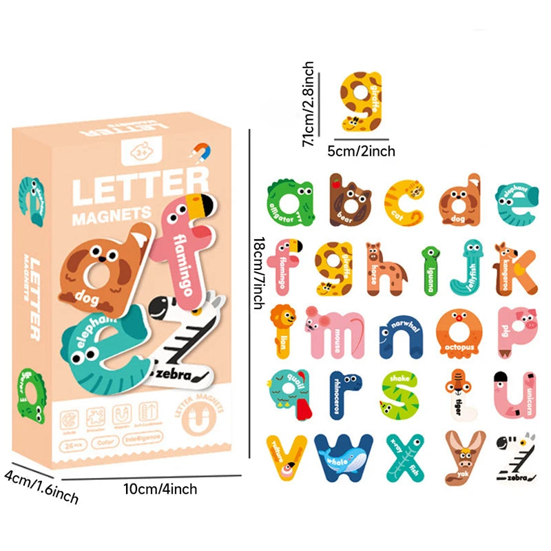 A box of letter magnets and animal stickers featuring the alphabet and various animals for children.