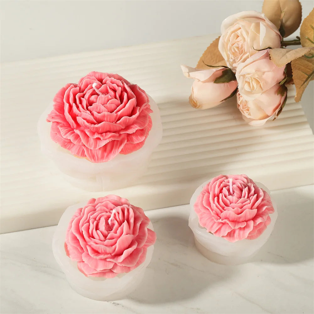 Pink 3D peony flower silicone mold used for making candles, resin, and soap